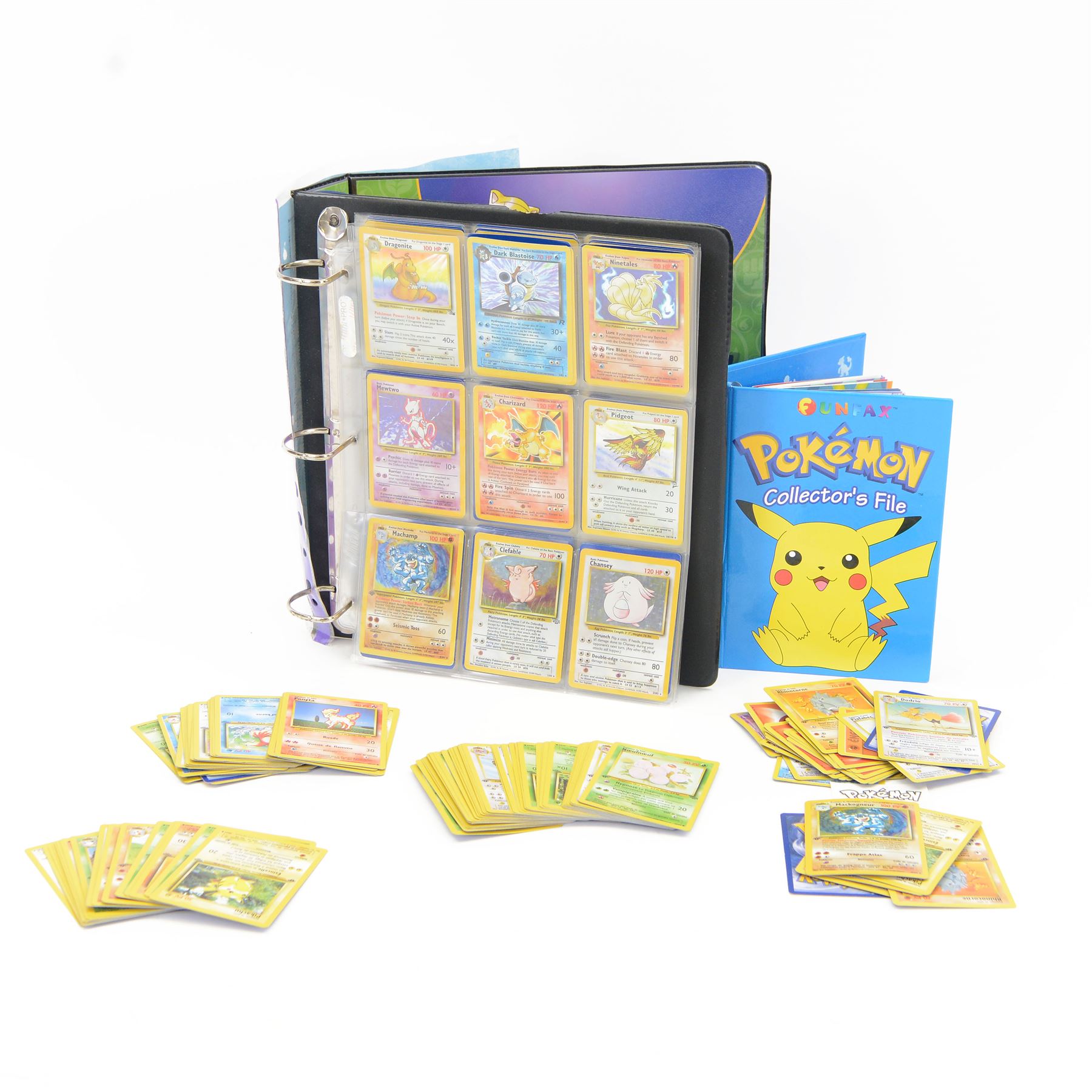 Collection of vintage English and French language Pokemon TCG trading cards, approximately eighty English cards housed in Pokemon file, including Base Set, Base Set 2, Team Rocket, Neo Discovery, Jungle and Fossil examples, with thirteen holos including Charizard 4/102, Dark Blastoise 3/82, Ninetales 12/102, Mewtwo 10/102, and First Edition Machamp 81/102, approximately two hundred French language cards, many first editions, including four first edition holos, Roucarnage 8/64, Nidoqueen 7/64, Melodelfe 1/64 and Mackogneur 8/102, all loose, together with a Funfax Pokemon Collectors File