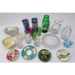  Collection of Victorian and later Mary Gregory type glassware, Moorcroft circular dish, 19th century Minton saucer, with three painted panels, Victorian Wedgwood jelly mould, Royal Worcester Aesthetic coffee cup & saucer with Butterfly moulded handle (a/f) and other decorative ceramics   