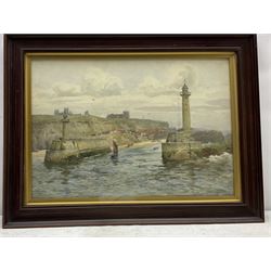 Albert George Stevens (Staithes Group 1863-1925): East and West Piers Whitby Harbour, watercolour signed 34cm x 49cm