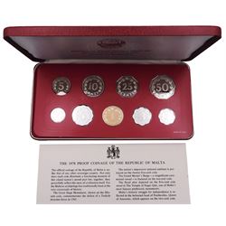 The Royal Mint United Kingdom 1997 silver proof two-coin fifty pence set, 2001 silver proof piedfort one pound coin and 1999 silver proof five pound coin all cased without certificates, Republic of Malta 1978 nine-coin proof set cased with certificate, Republic of Botswana 1976 six-coin set