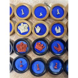 Jaques of London portable B.C.D. board for Backgammon, Chess and Draughts, the inner tube containing thirty two counters and two dice, outer red leather case