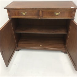 Gotts of Pickering inlaid mahogany side cabinet, two drawers above two cupboards, shaped plinth base, W102cm, H85cm, D38cm
