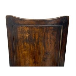 18th century elm box-seat lambing chair, dished cresting rail over panelled back, panelled hinged lid flanked by two turned arm supports