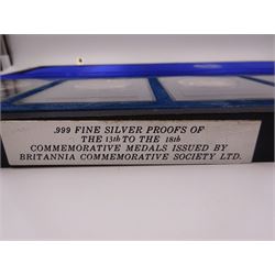 British Commemorative Society Ltd, set of six commemorative .999 fine silver proof medals, no. 13 to 18 , to include The Dunkirk Medal, The Captain Cook Medal, The Battle of Agincourt Medal, The Prince of Wales Investiture Medal, The Stonehenge Medal and The Queen Elizabeth Medal, each contained within clear perspex cases, in a silk lined fitted case