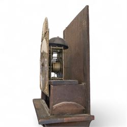 Charles Clay of The Strand & St James, London-Early 18th century 8-day walnut longcase clock c1720, with a flat caddy top (caddy missing) and blind frets beneath, later glazed panels to the sides and a break arch hood door with attached reeded pilasters, long trunk and conforming trunk door with beading to the edge, on a short plinth with attached skirting, break-arch brass dial with cast spandrels, herringbone engraving to the edge and a  silvered boss to the arch inscribed 