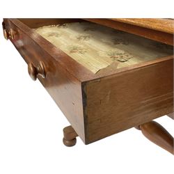 Victorian design mahogany side table, fitted with single drawer, raised on shaped end supports with bun feet, united by turned stretcher