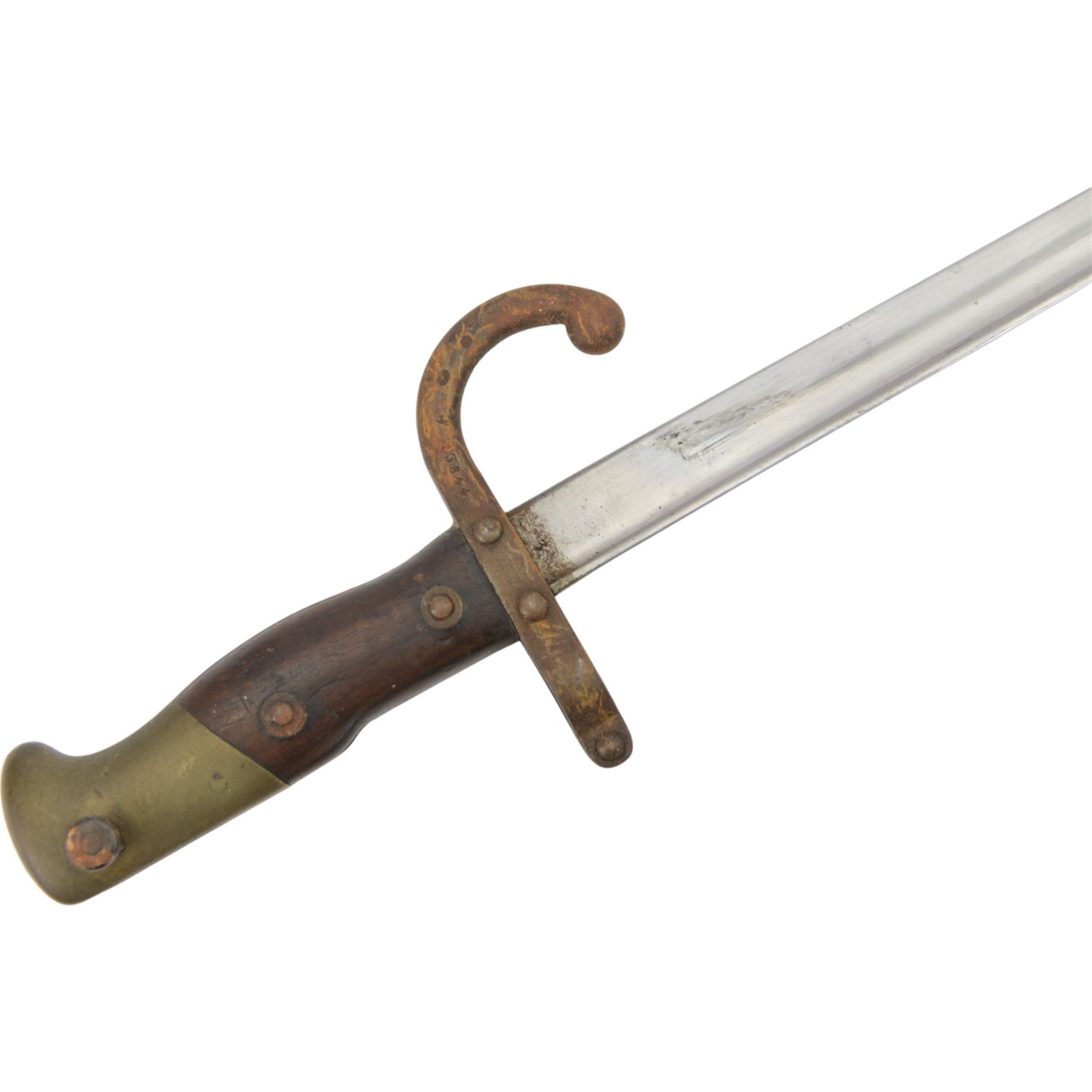 French chassepot bayonet the spine engraved St. Etienne, Mass 1876, with matching scabbard and another French chassepot engraved 1877, with matching scabbard 