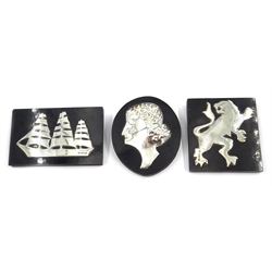  Three silver mounted ebonised plaques depicting a sailing ship, lion and female portrait, two hallmarked N.S.N. Birmingham 1980's, 10cm dim.  