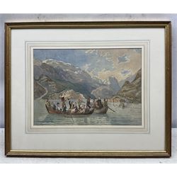 Mabel Albinia Sutton (British 1854-1937): Wedding Party in a Norwegian Fjord, possibly Hardanger, watercolour unsigned, inscribed by the artists father verso 'From my dear daughter Mabel Albinia Sutton on my Birthday. Scawby, March 6, 1870.', 24cm x 34cm 