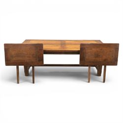 Country pine draw leaf table, bench seat and six chapel chairs, the top of plank construction, with two frieze drawers, additional leaves extending to 320cm, with bench seat and six elm chapel seats