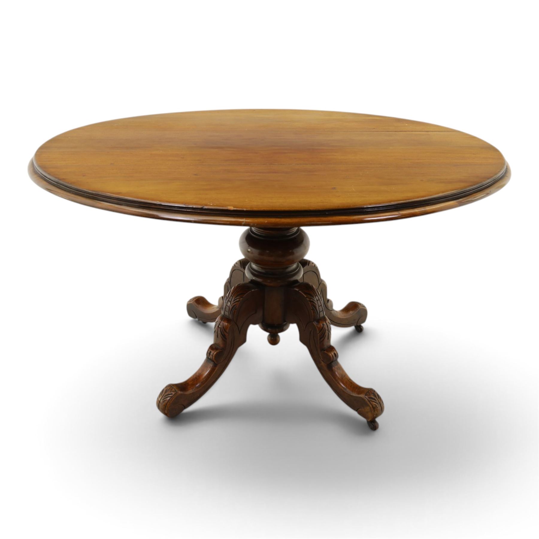 Victorian mahogany oval centre table, turned base with four carved splay legs (no fittings)