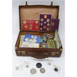  Collection of Great British and world coinage including George III 1797 cartwheel twopence, 1820 and 1890 crowns, small number of pre 1947 silver coins, Great Britain 1970 coin year set, other world year sets, coin collecting magazine etc, in a brown suitcase  