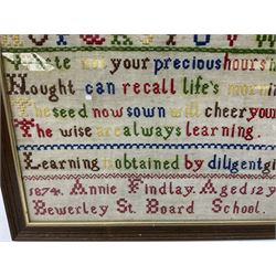 Victorian sampler worked with the alphabet over verse, by Annie Findlay aged 12 years, 1874 in glazed frame, H44cm W44cm