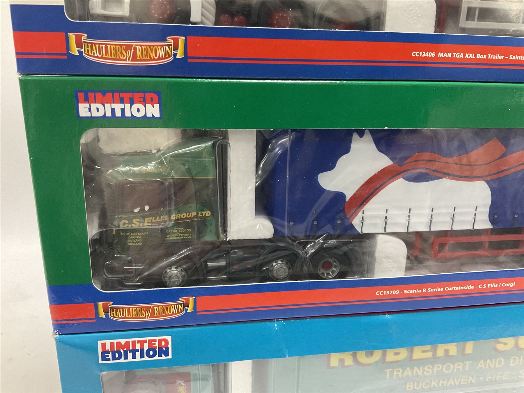 Corgi - three 'Hauliers of Renown' limited edition 1:50 scale heavy haulage vehicles comprising CC13803 Mercedes-Benz Actros Curtainside Robert Summers Transport Limited; and CC13406 MAN TGA XXL Box Trailer Saints Transport; all boxed (3)