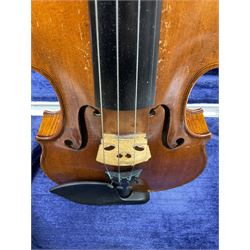 Early 20th century German Ernst Kreusler violin with 36cm two-piece maple back and ribs and spruce top, bears label 'Ernst Kreusler Dresden Anno 1925  Hand made reproduction of Antonius Stradivarius Cremona', overall L59cm; in hard carrying case
