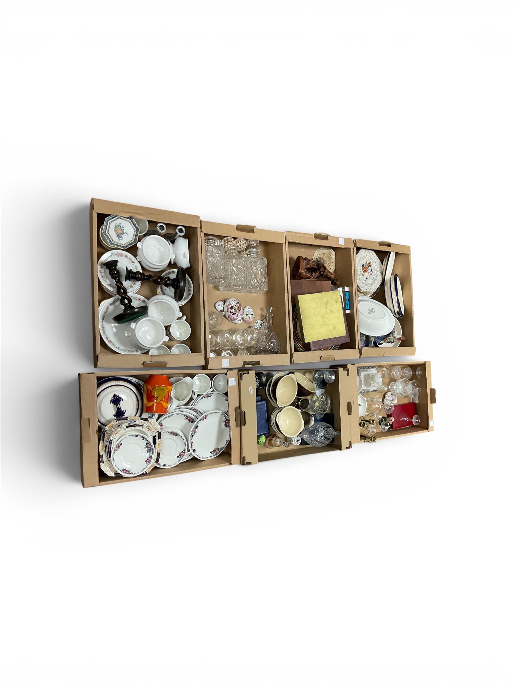 Poole Pottery vase, together with barley twist candlesticks, glass decanters, ceramics and other collectables, in seven boxes 