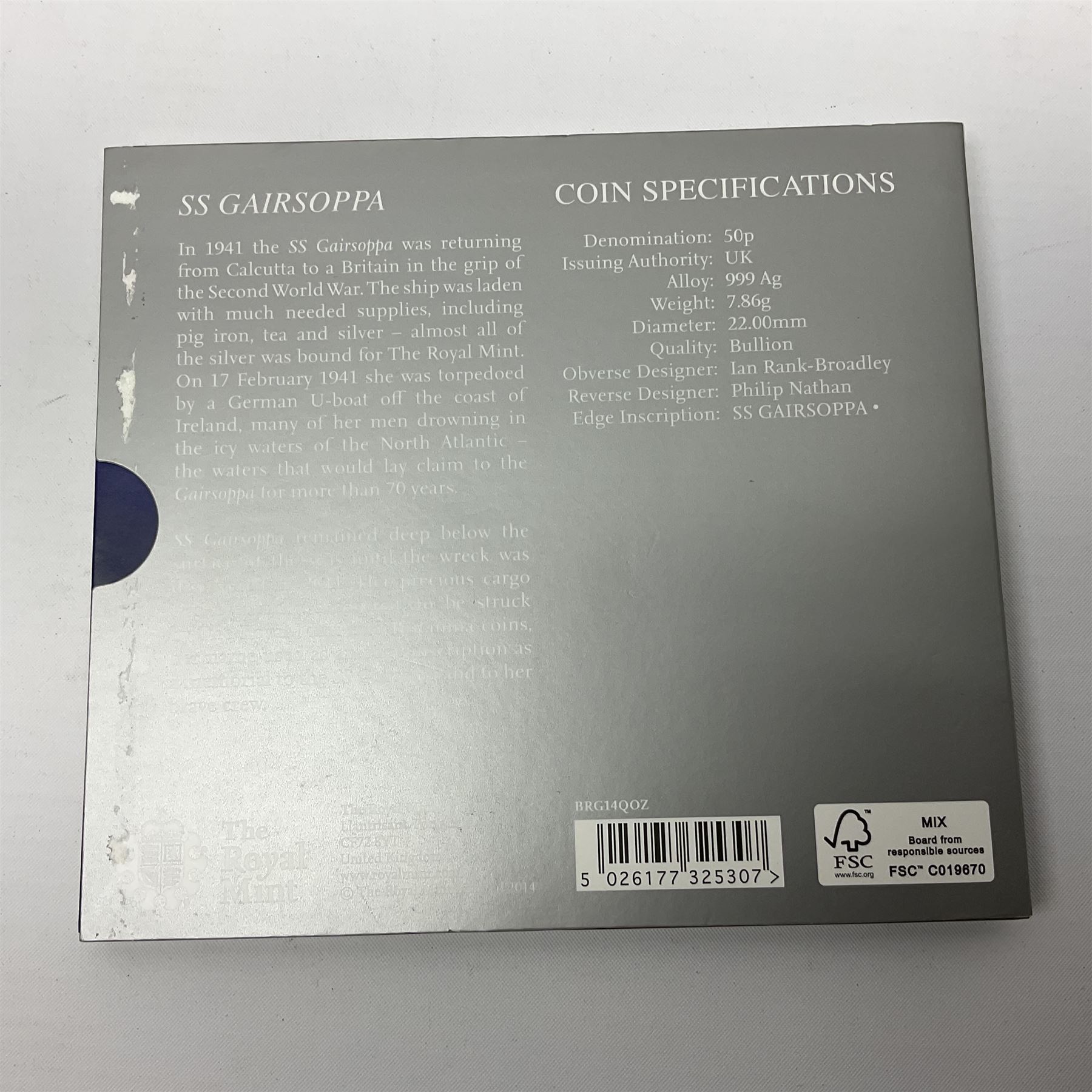 The Royal Mint United Kingdom 2014 'SS Gairsoppa Britannia' fine silver quarter ounce coin in card folder and 2015 'Britannia' fine silver fifty pound coin on card