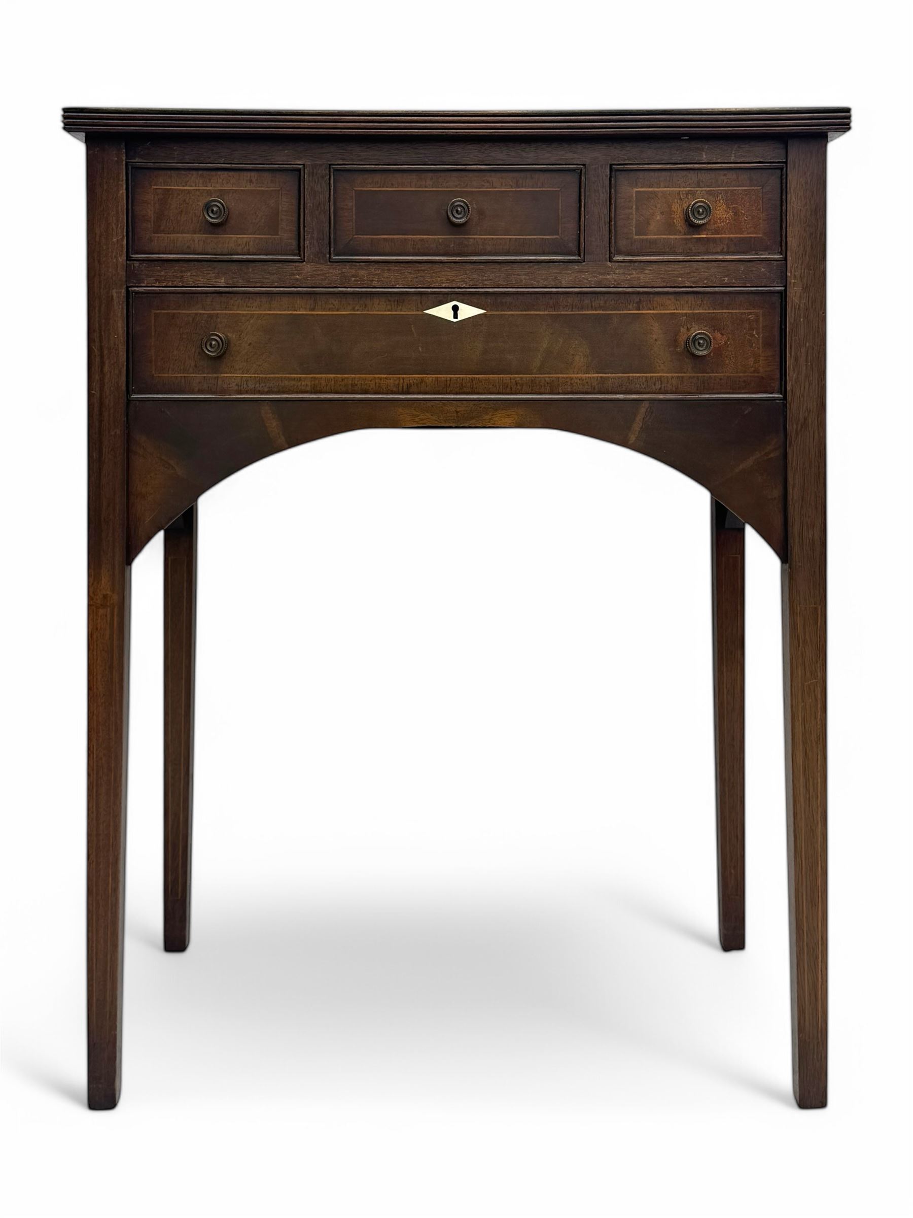 Georgian design inlaid mahogany side table, rectangular top with fluted edge over three short and one long drawer, arched apron, raised on slender supports 