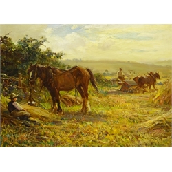 Ernest Higgins Rigg (Staithes Group 1868-1947): The Harvest Field with Horse Drawn Binder, oil on canvas signed 44cm x 59cm