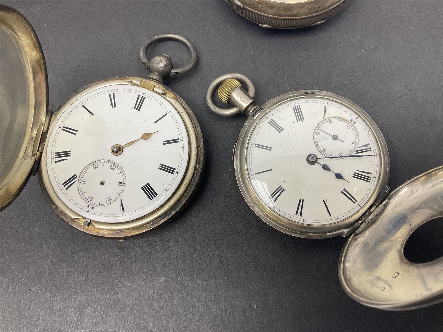 Five Victorian and early 20th century silver lever pocket watches including keyless half hunter, Fattorini & Sons, Bradford, Thomas Russell & Sons, Liverpool and Thomas Yates, Preston and a silver graduating Albert chain with fob
