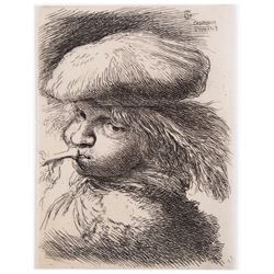 After Giovanni Benedetto Castiglione (Italian 1609-1664): 'Young Man with Trumpet', restrike etching 11cm x 8cm (unframed)