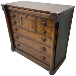 Victorian mahogany chest, fitted with seven drawers, turned upright columns, on plinth base 