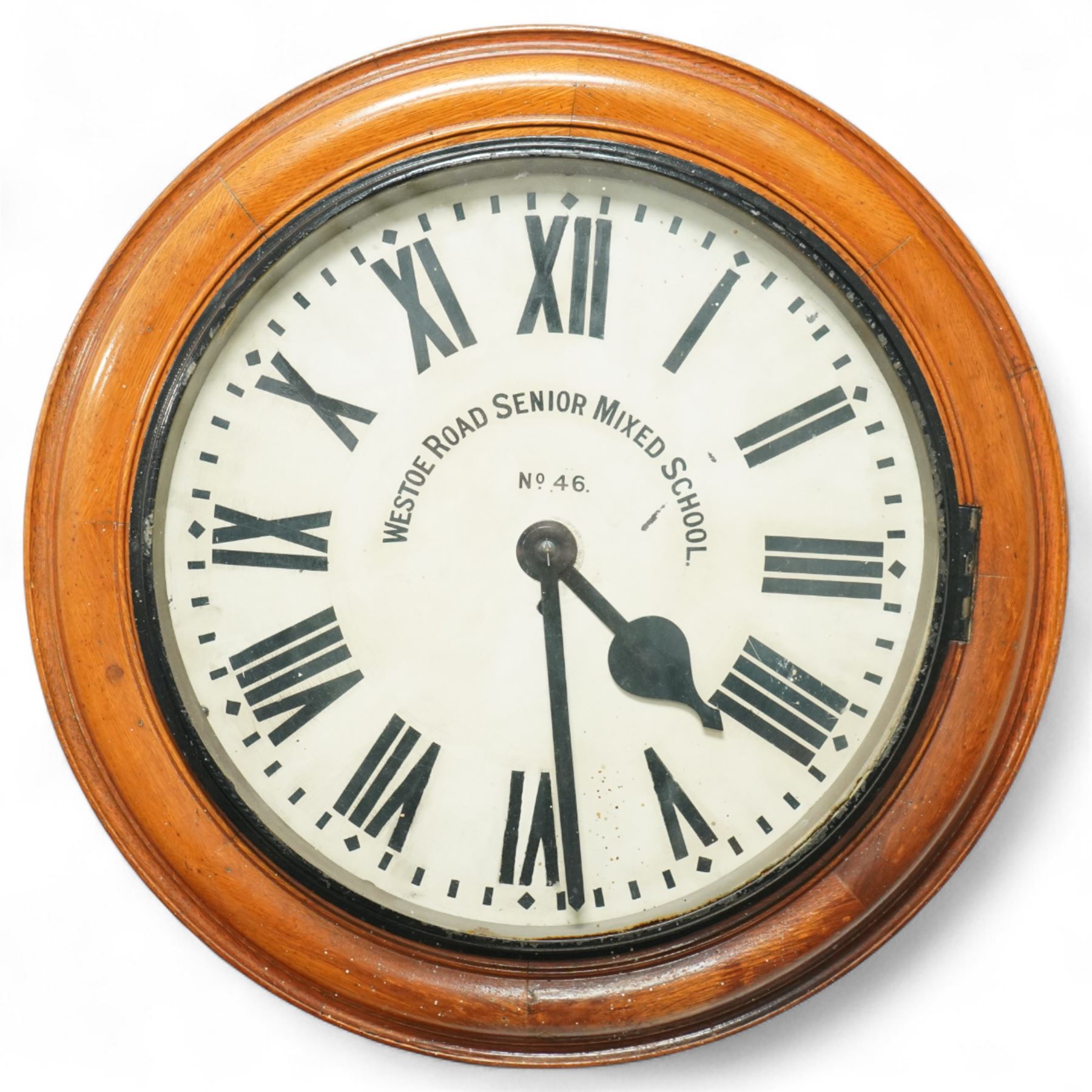 English-Large early 20th century 8-day fusee wall clock, 17 inch painted dial inscribed 