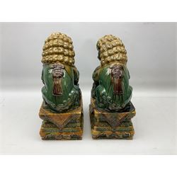 Pair of Chinese Temple Lions or Dogs of Foo, modelled in seated post, one with one front paw resting upon a ball, the other upon a cub, each upon stylised plinth base, H44cm