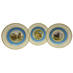  Set of three late Victorian Minton cabinet plates hand painted after Edwin Landseer with pair squirrels, fox with mallard and two goats, by Henry Mitchell, on turquoise ground within a pierced gilt basket weave border, one initialled 'HyM' with T. Goode & Co. retail stamp, c1879, pattern no. G739, D25cm (3) Provenance Property of Bob Heath, Brandesburton Formerly of Ravenfield Hall Farm near Rotherham  