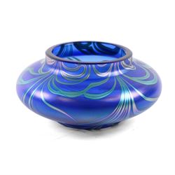 Okra scent bottle, of squat form with marbled blue iridescent design, together with Okra vase, dish and another similar art glass vase, scent bottle H12cm