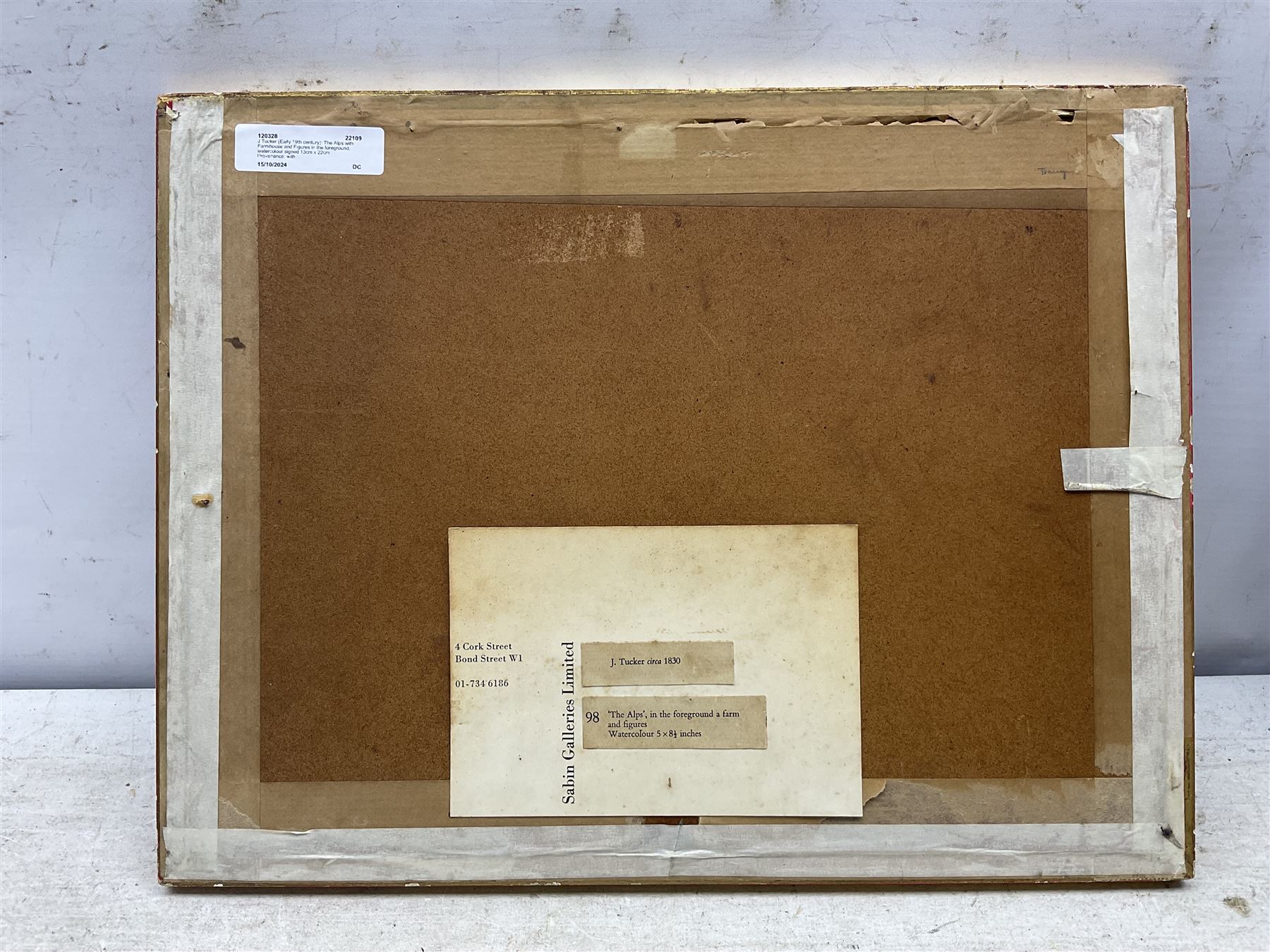 J Tucker (Early 19th century): The Alps with Farmhouse and Figures in the foreground, watercolour signed 13cm x 22cm
Provenance: with Sabin Galleries, Cork Street, London, label verso