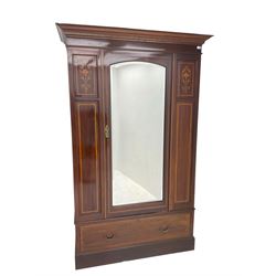 Edwardian inlaid mahogany single wardrobe, projecting cornice over chequerboard frieze, central door with arched bevelled mirror panel, flanked bu inlaid and strung panels with foliate decoration, single drawer to base