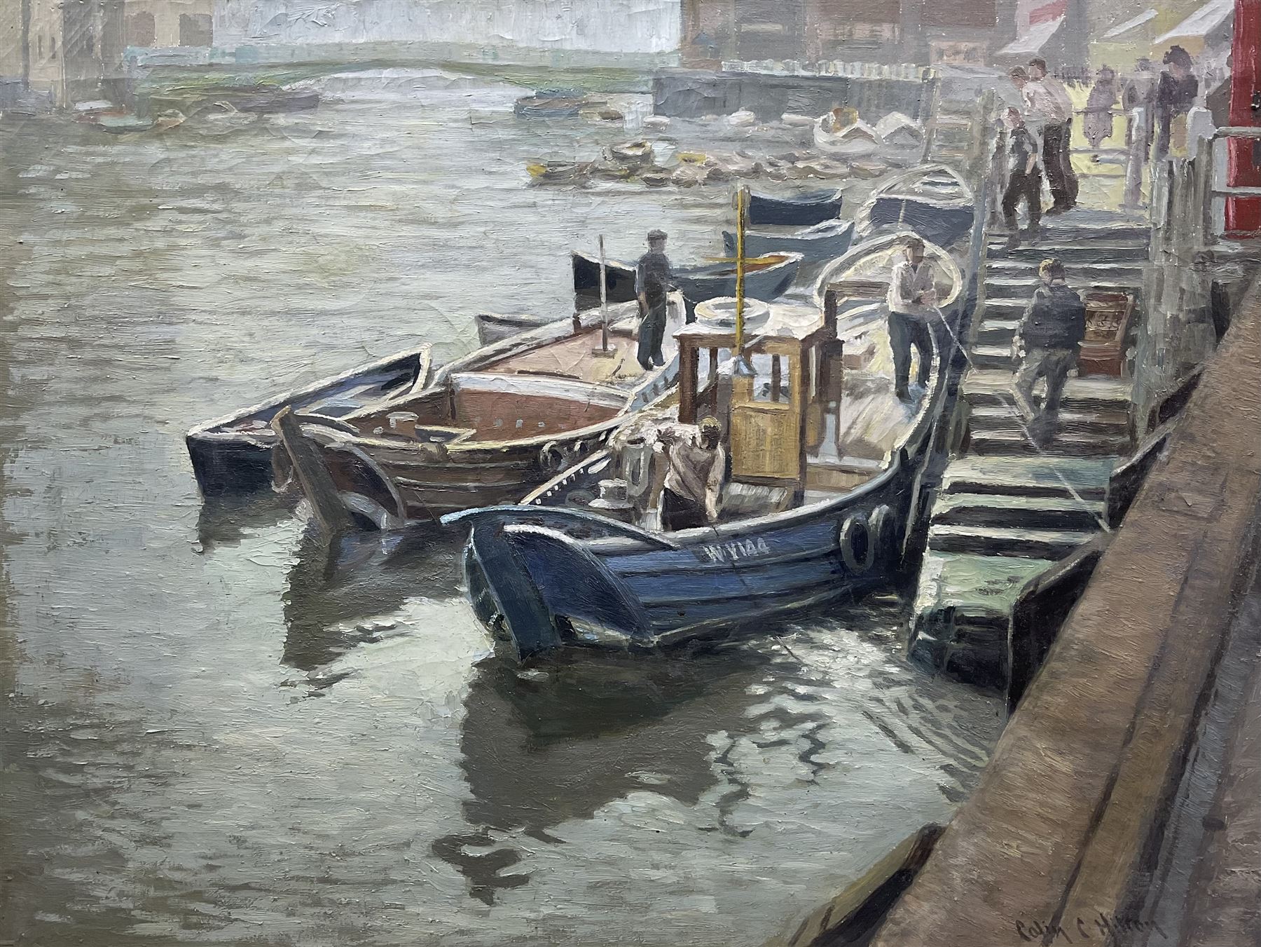 Colin Clough Hilton (British 1902-1984): 'In Whitby Harbour', oil on canvas signed, titled on labels verso 59cm x 79cm