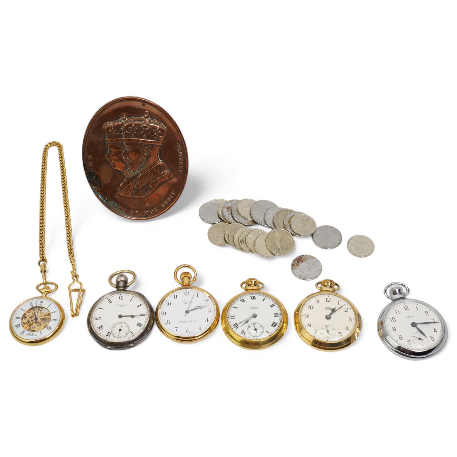 Early 20th century silver keyless lever pocket watch by Waltham, case by Dennison, Birmingham1919, four gilt pocket watches and a nickle pocket watch, Dieu Et mon droit brass plaque and a collection of coins