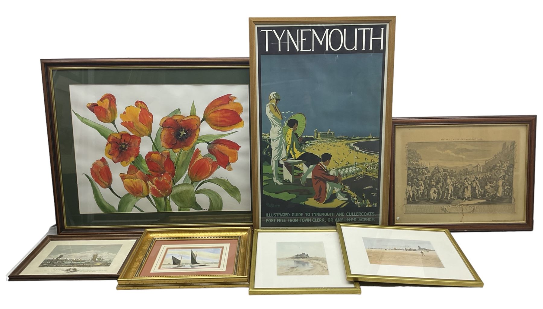 Judith Crate (British 20th Century): Still Life of Orange Flowers, watercolour signed and dated '10, together with an LNER Tynemouth Railway advertising poster, an original watercolour of ships, two prints and two engravings max 44cm x 59cm (7)