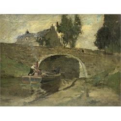 Bertram Priestman RA ROI NEAC (British 1868-1951): The Maid Marian Narrowboat on the Shipley Canal, oil on canvas signed and dated '99, 64cm x 84cm (unframed)