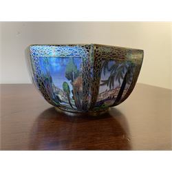 Early 20th century Wedgwood Fairland lustre bowl, circa 1920, of octagonal form, designed by Daisy Makeig-Jones, the exterior decorated in the Castle on the Road pattern, the interior decorated in the Fairy in a Cage pattern, pattern no Z5125, with printed marks beneath, H11cm D22.5cm
