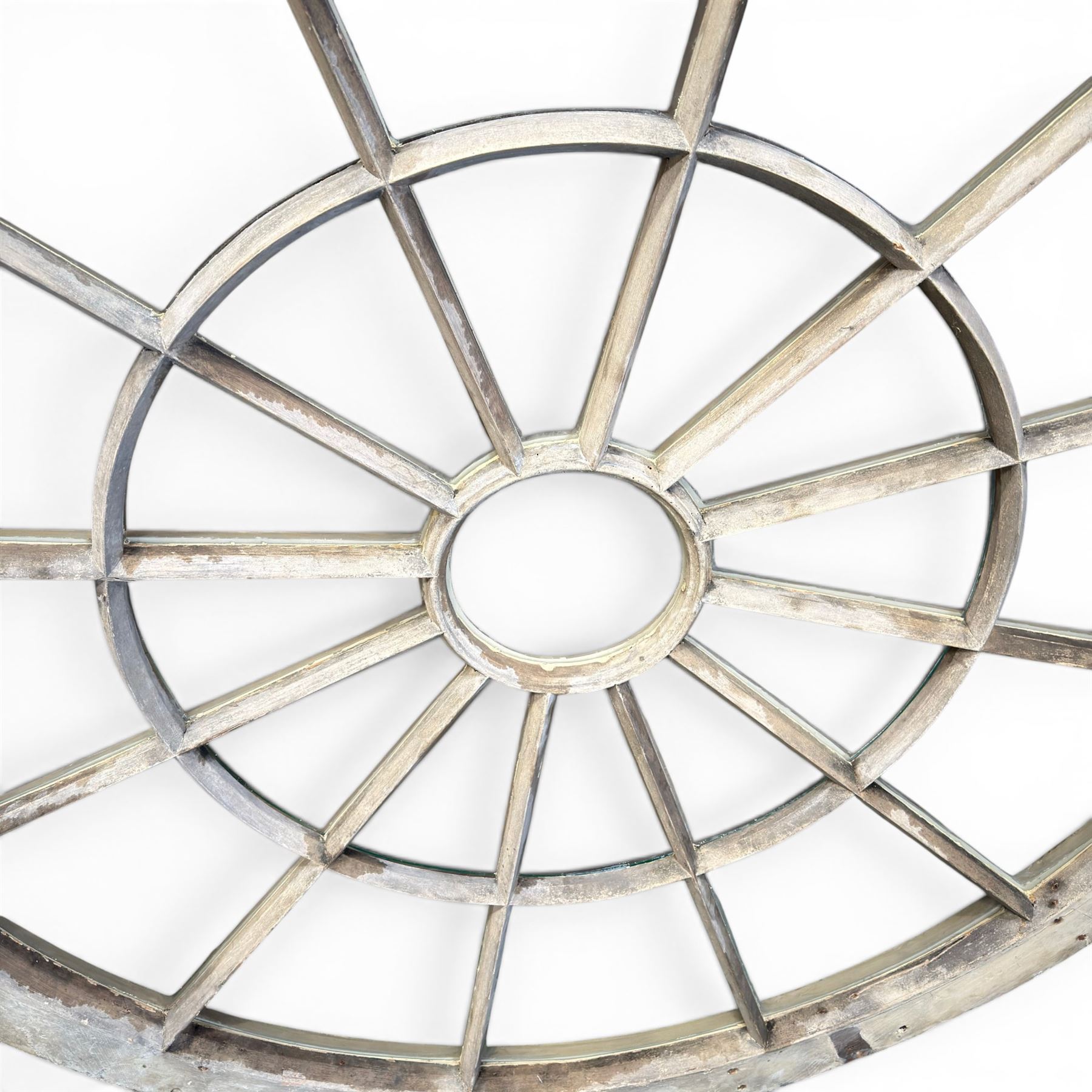 18th century pine circular window or ceiling lantern, astragal glazed segmented sunburst design