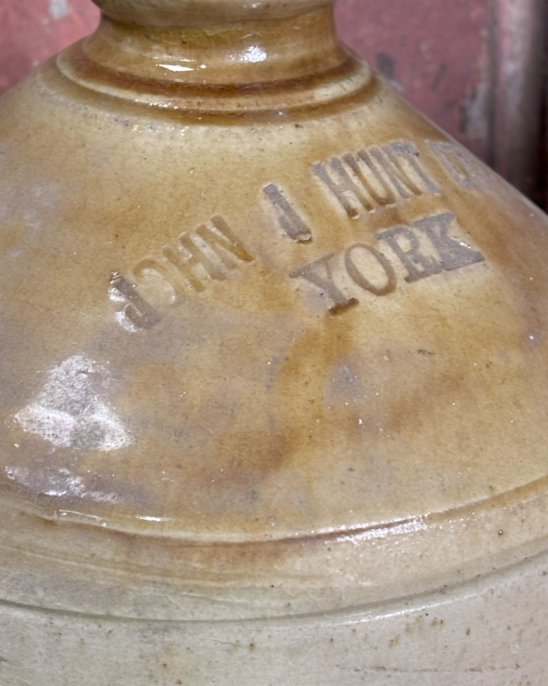 Group of four 19th century stoneware flagons of local interest, York, Pocklington etc, and a stoneware jar. (5)  - COLLECTION BY APPOINTMENT FROM: The White House, Thirsk Road, Easingwold, York, YO61 3NF - CALL 01723 507111 TO ARRANGE