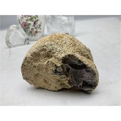 Mats Jonasson of Sweden glass Otter paperweight, Capredoni by Dartington Crystal Crysanthemum paperweight, boxed British Fossils agate geode, silver plated wine bottle coaster and Aynsley vase, etc, all boxed