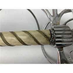 Replica knight's longsword, the 91.5cm double-edged steel blade with basket hilt and wire-bound bone grip with spherical pommel, in leather scabbard L112cm overall
