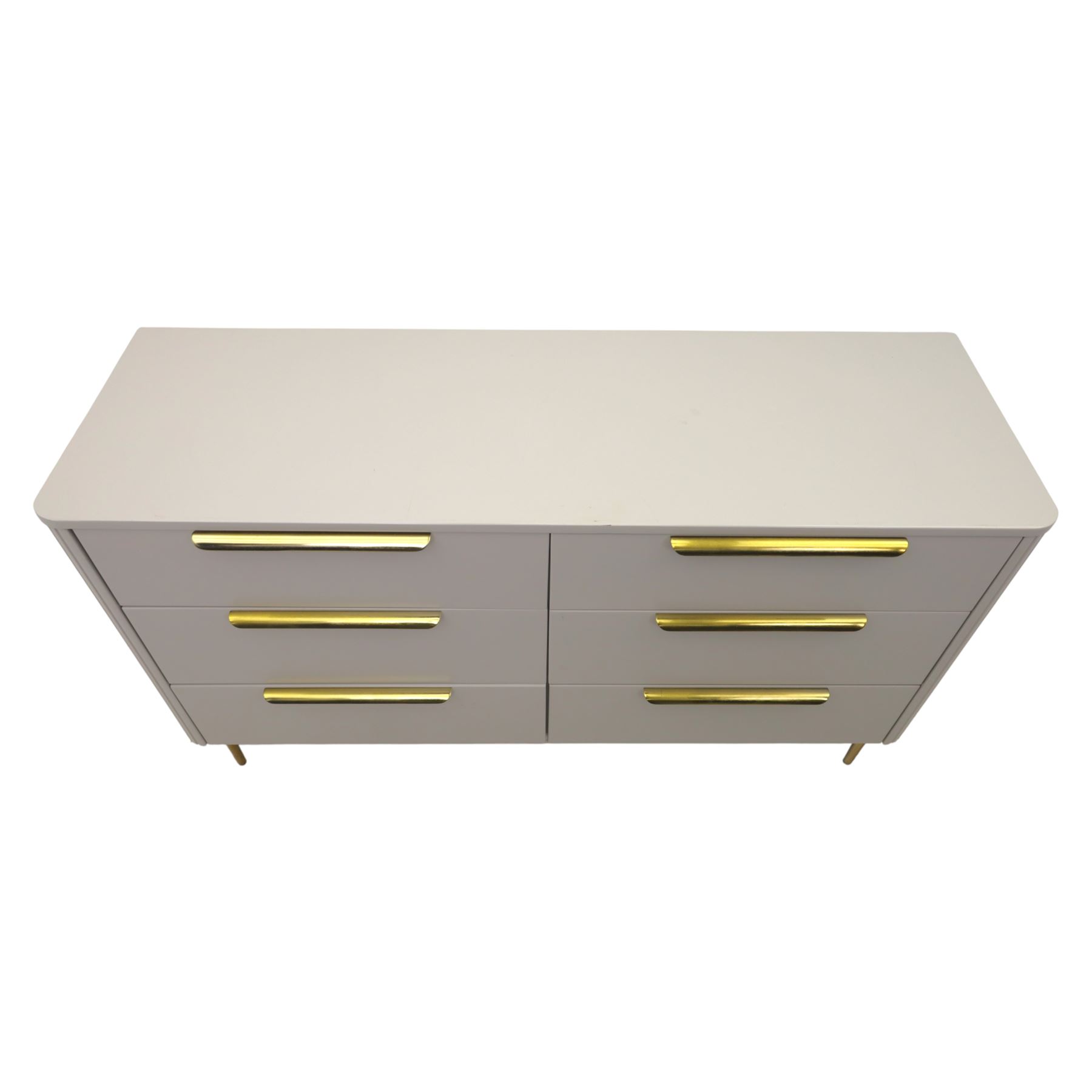 Made.com - 'Ebro' grey six drawer chest, gold painted metal shaped handles, rounded corners with fluted detail, raised on gold painted metal tapered supports