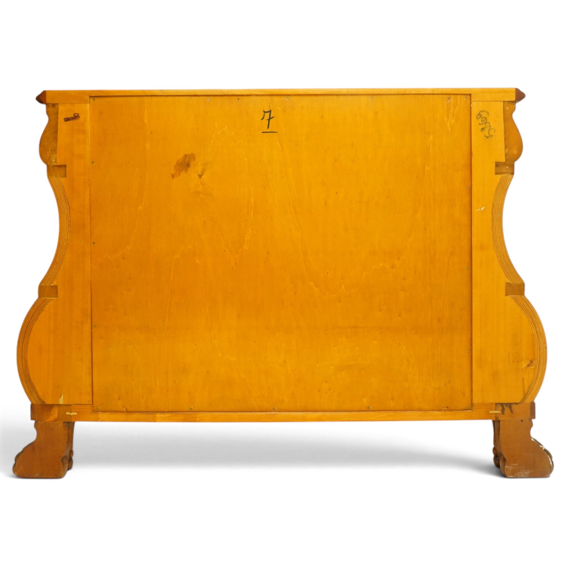 Colombo Mobili - Italian walnut and floral marquetry bombé commode chest, rectangular top with canted eared corners inlaid with urn motif and trailing scrolling foliage, fitted with three long graduating drawers with gilt metal handles, profusely inlaid with scrolling acanthus leaves interspersed with urns and cartouches, on large carved ball-and-claw feet