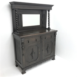 Early 20th century dresser, raised back, projecting cornice, mirror back flanked by barley twist supports above two drawers and two cupboards, W125cm, H170cm, D50cm