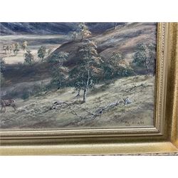 Willie Forbes (Scottish Contemporary): Stag and Deer in the Highlands, oil on canvas signed and dated '99, 34cm x 57cm 