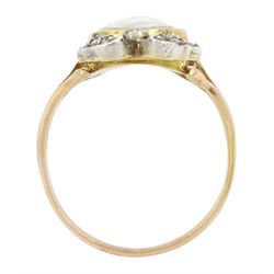 19th century gold and silver diamond portrait ring, set with an oval miniature of a woman on ivory, under a glazed panel, with rose cut diamond bow and floral sprigs below, to trifuricated shoulders. This lot has been registered for sale under Section 10 of the APHA Ivory Act