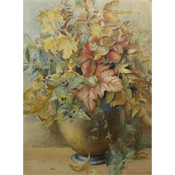 English School (19th century): Still Life Leaves and Berries in Pot, watercolour unsigned 69cm x 51cm