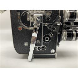 Paillard Bolex H8 RX4 cine camera body with turret for interchangeable lenses, serial no. 216071, with 'Macro Switar H8RX f1.4 36mm' lens, serial no.863406, 'Macro Switar H8RX f1.3 12.5mm' lens, serial no. 865770, 'Switar H8RX f1.6 5.5mm' lens, serial no. 937691 and RX fader, in fitted leather case