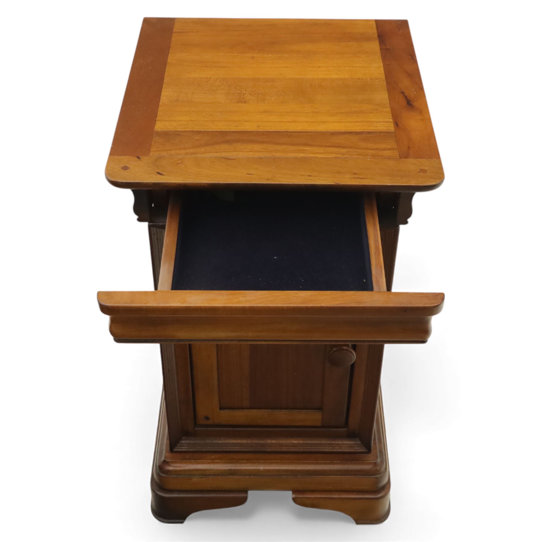 Willis & Gambier - French cherry wood bedside cabinets, each with square moulded top, frieze baize lined drawer and single cupboard door, raised on shaped plinth bases