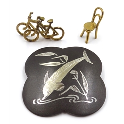  Arno Malinowski for Georg Jensen iron and silver brooch 5002, Georg Jensen miniature chair 5217 and pair of bikes 5214   